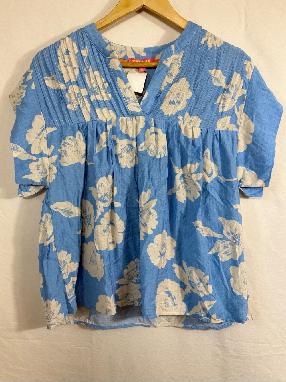 THML by Anthropology Babydoll Blue and White Floral Pleated Top - Picture 3 of 5